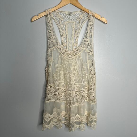 Umgee Women's Cream Cotton Blend Crochet Mesh Cut Out Racerback Tank Size S/M - Picture 2 of 9